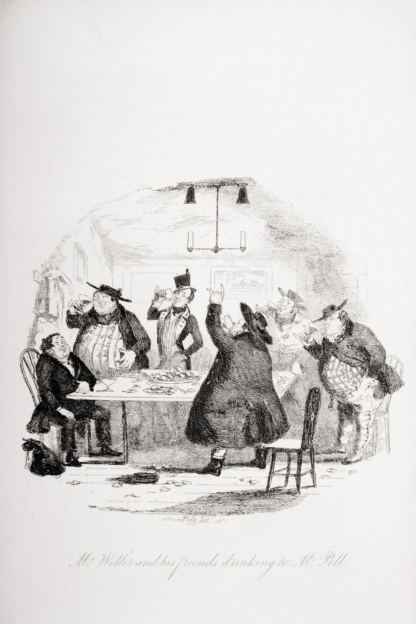 Mr. Weller og vennene hans drikker til Mr. Pell, illustrasjon fra `The Pickwick Papers