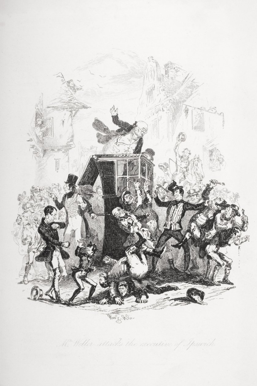 Mr. Weller angriper lederen av Ipswich, illustrasjon fra `The Pickwick Papers