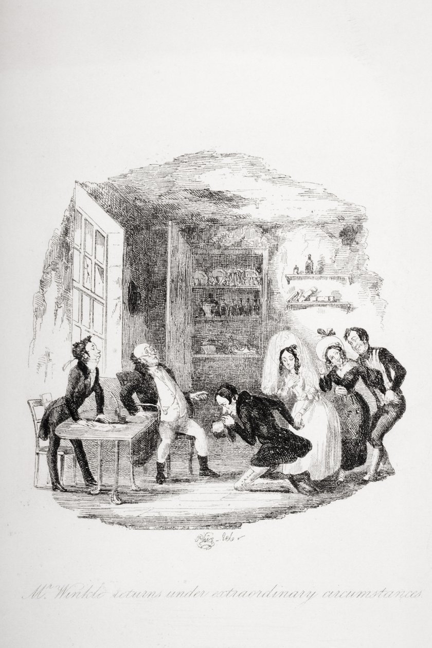 Mr. Winkle kommer tilbake under ekstraordinære omstendigheter, illustrasjon fra `The Pickwick Papers