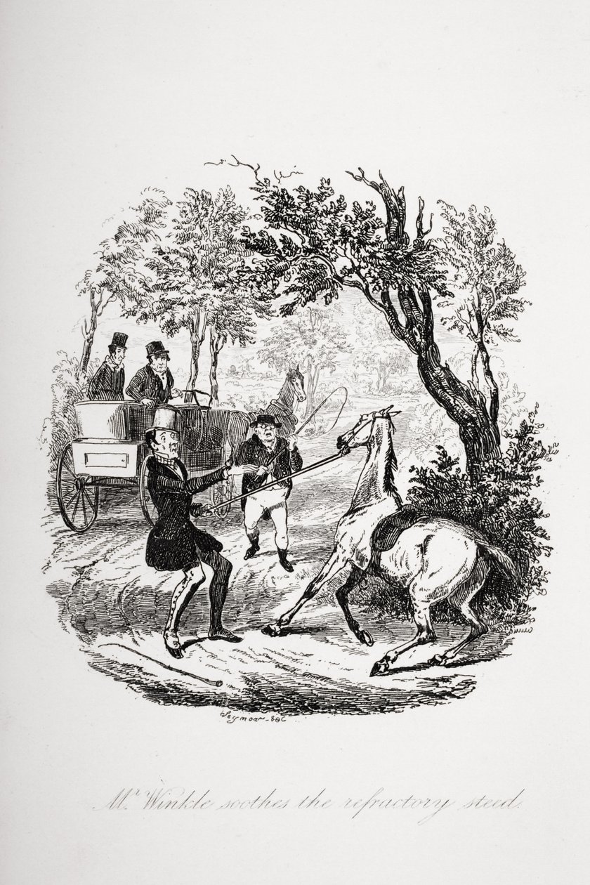 Mr. Winkle beroliger den ildfaste hesten, illustrasjon fra `The Pickwick Papers' av Charles Dickens (1812-70) publisert 1837 av Hablot Knight Browne