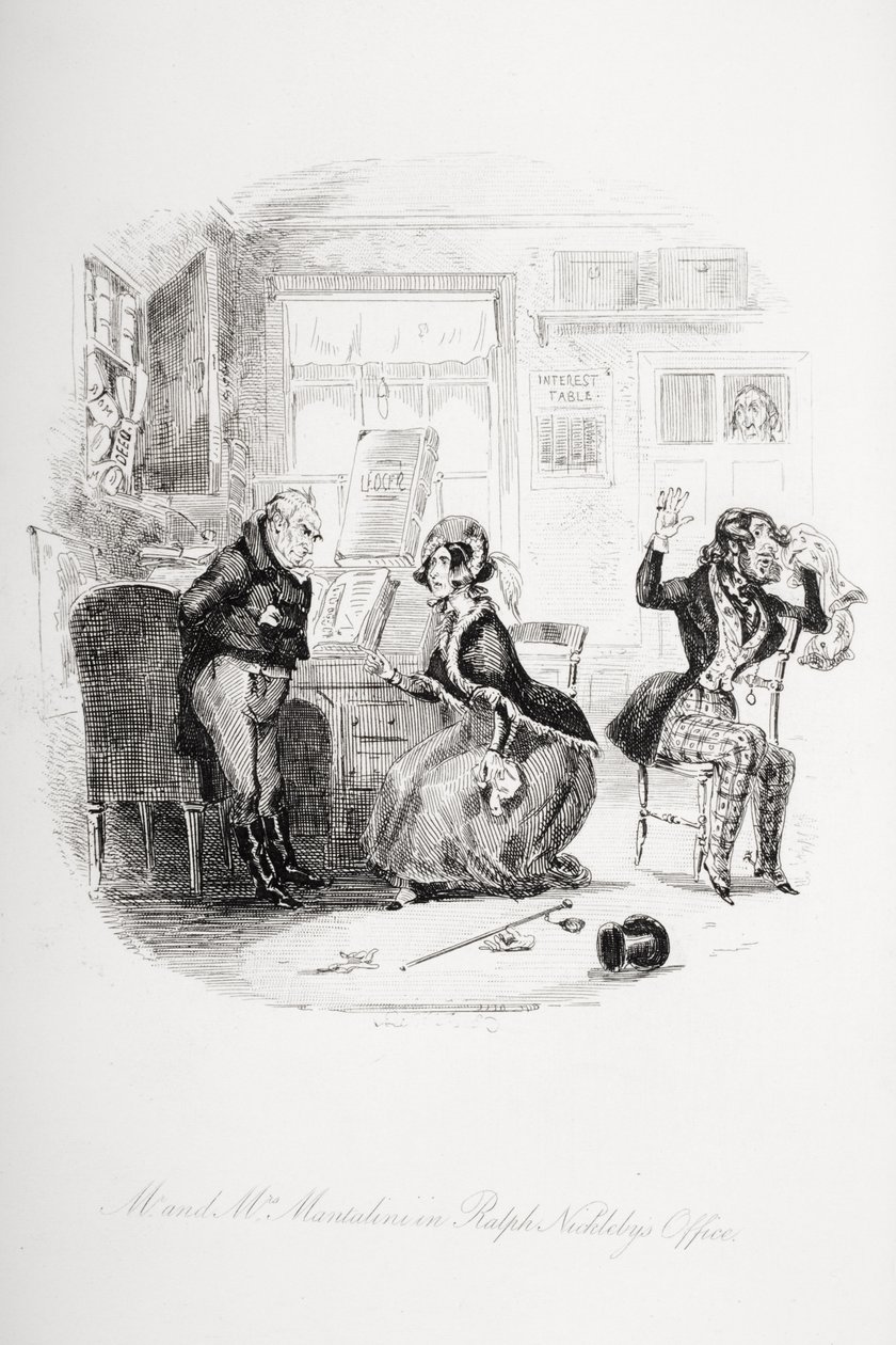Mr. og Mrs. Mantalini på Ralph Nicklebys kontor Mellom Sir Mulberry og hans elev, illustrasjon fra `Nicholas Nickleby