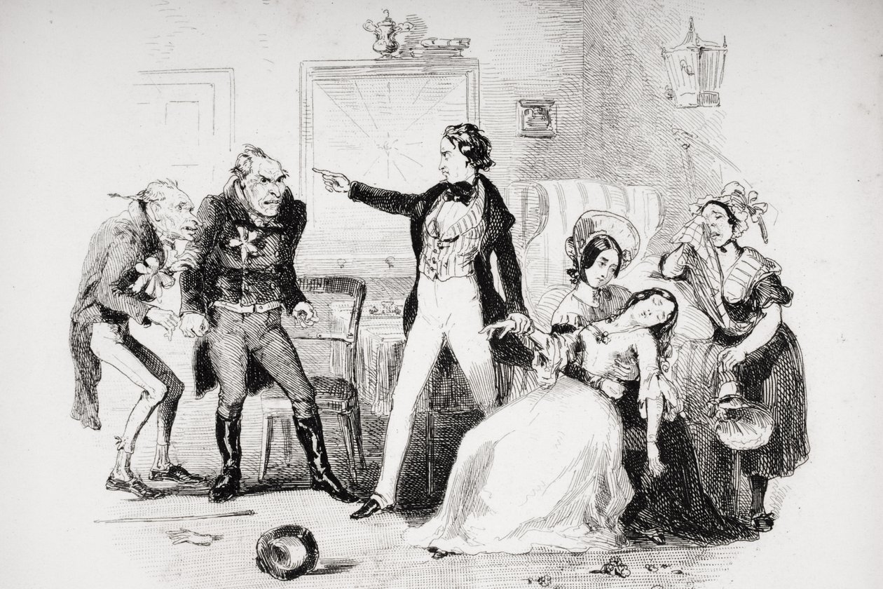 Nicholas gratulerer Arthur Gride med bryllupsmorgenen, illustrasjon fra `Nicholas Nickleby