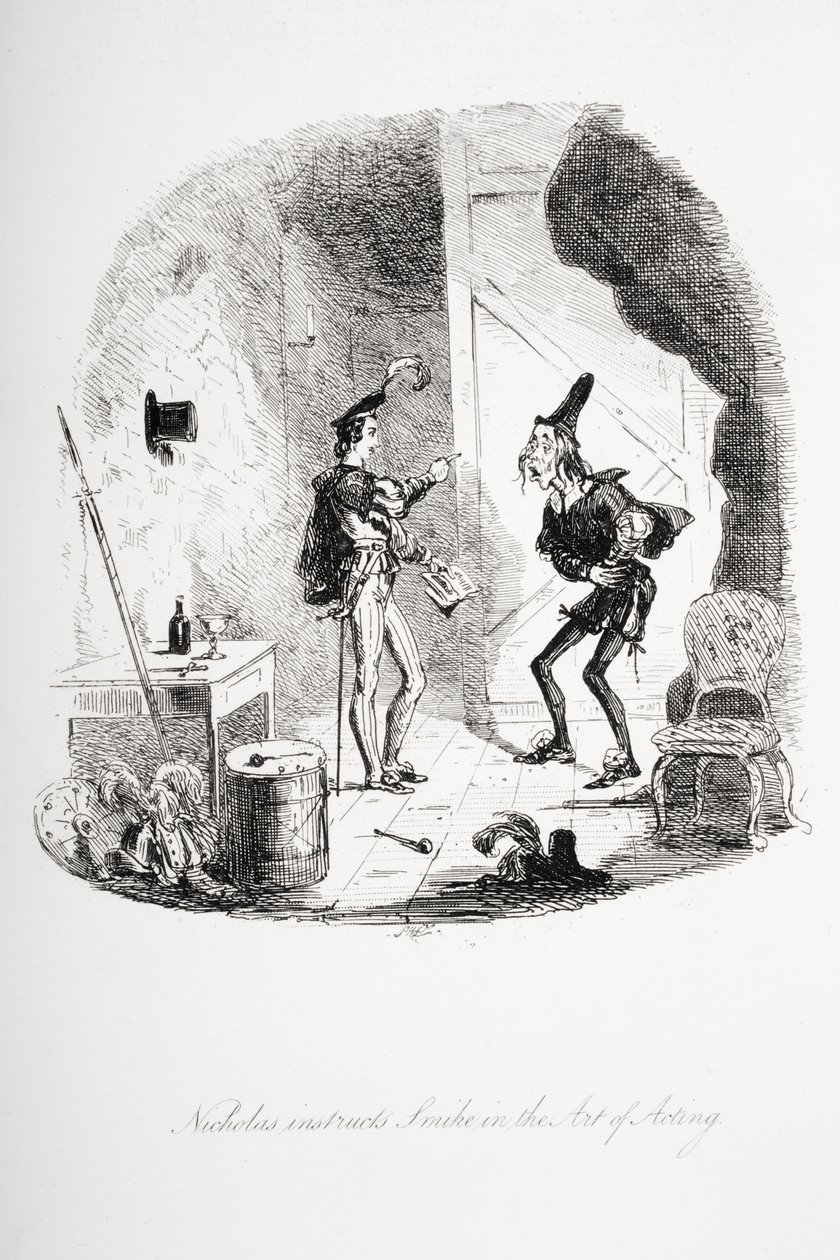 Nicholas instruerer Smike i skuespillerkunsten, illustrasjon fra `Nicholas Nickleby