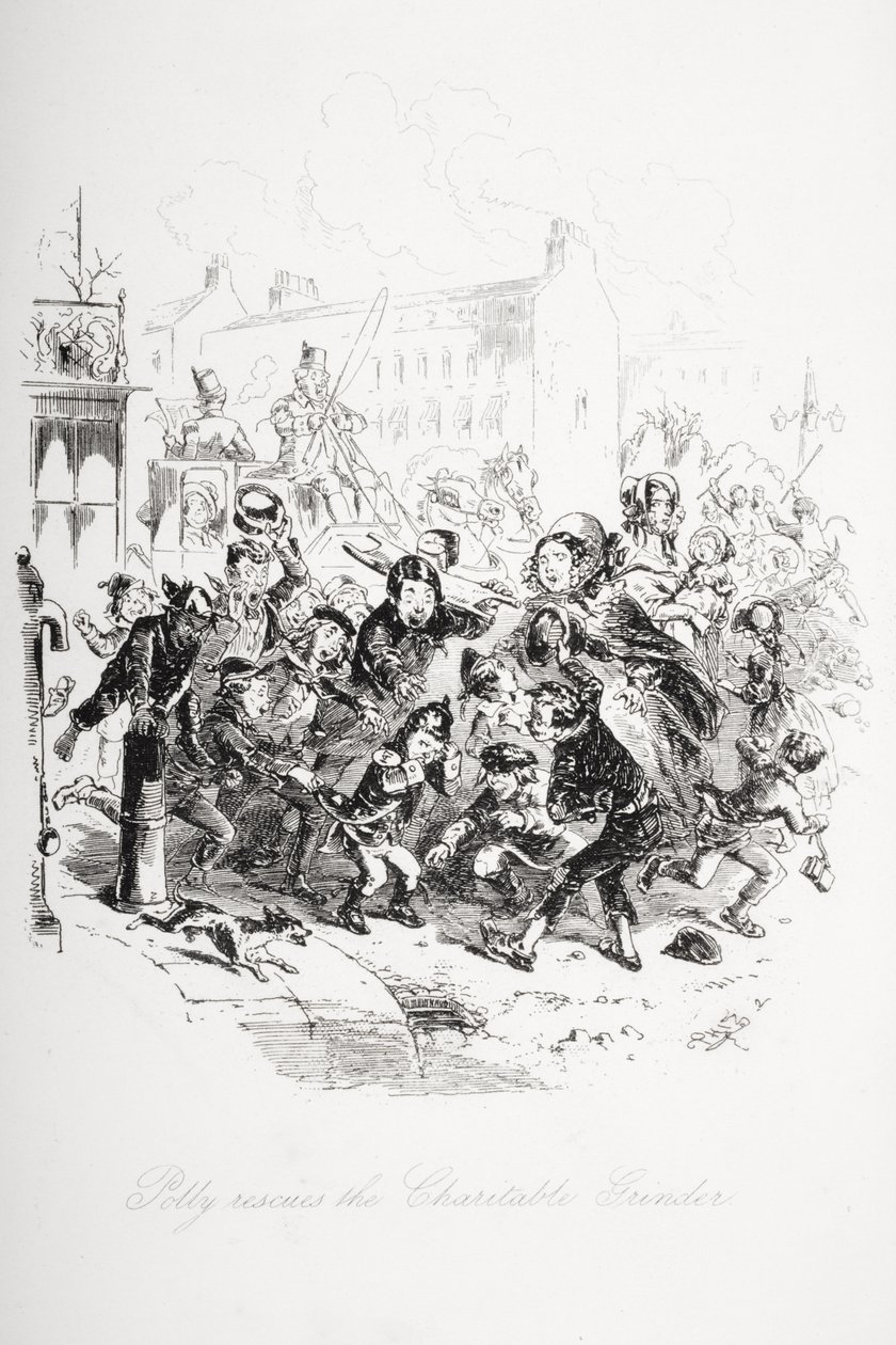 Polly redder Charitable Grinder, illustrasjon fra 'Dombey and Son' av Charles Dickens (1812-70) først publisert 1848 av Hablot Knight Browne
