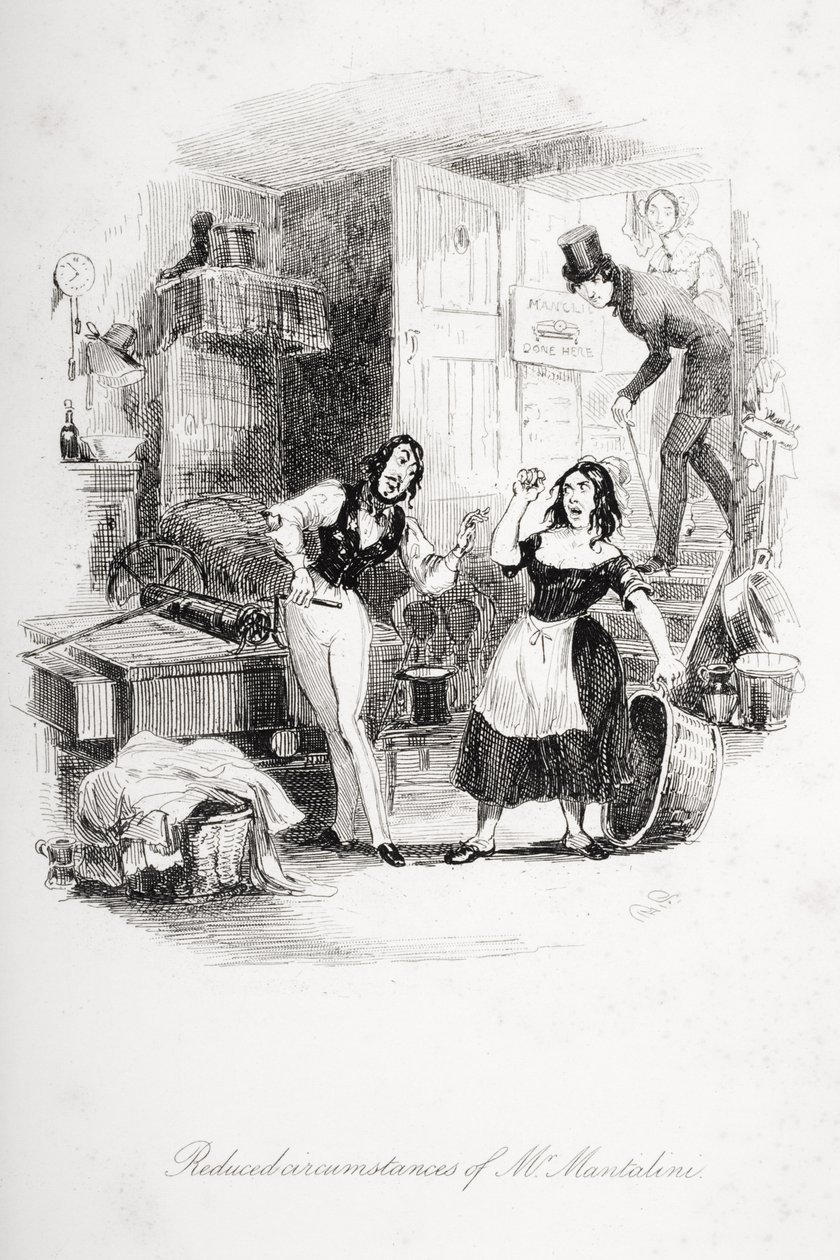 Reduserte omstendigheter for Mr. Mantalini, illustrasjon fra `Nicholas Nickleby