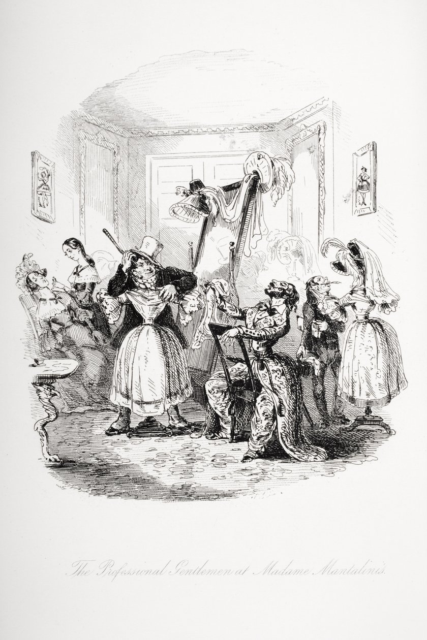 Den profesjonelle gentlemannen hos Madame Mantalinis, illustrasjon fra `Nicholas Nickleby