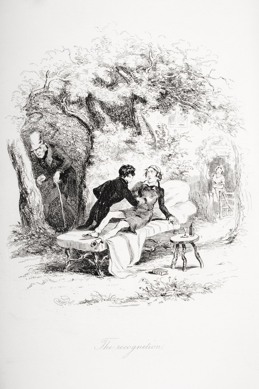 Anerkjennelsen, illustrasjon fra `Nicholas Nickleby' av Charles Dickens (1812-70) publisert 1839 av Hablot Knight Browne