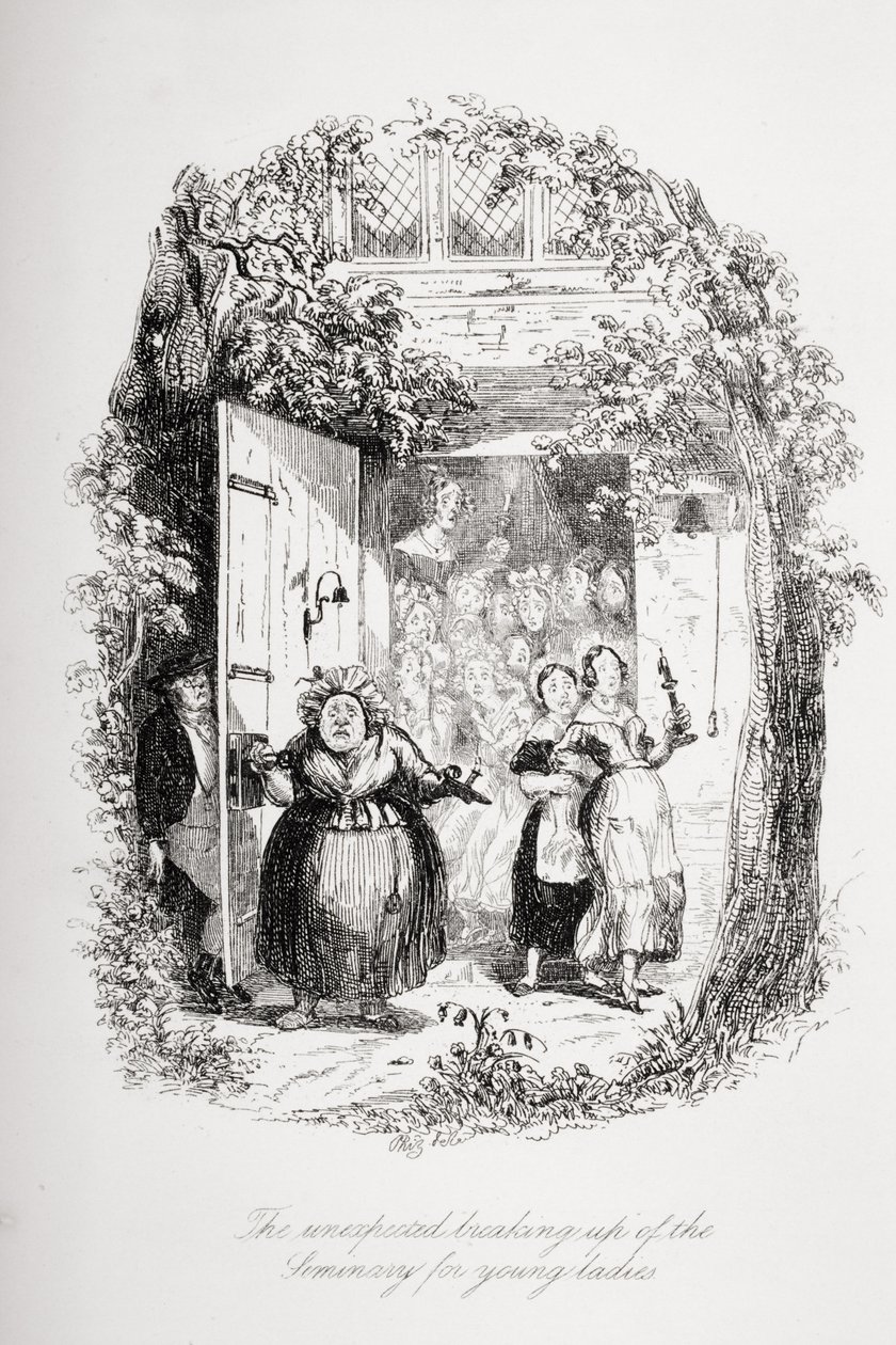 Det uventede oppløsningen av seminaret for unge damer, illustrasjon fra `The Pickwick Papers