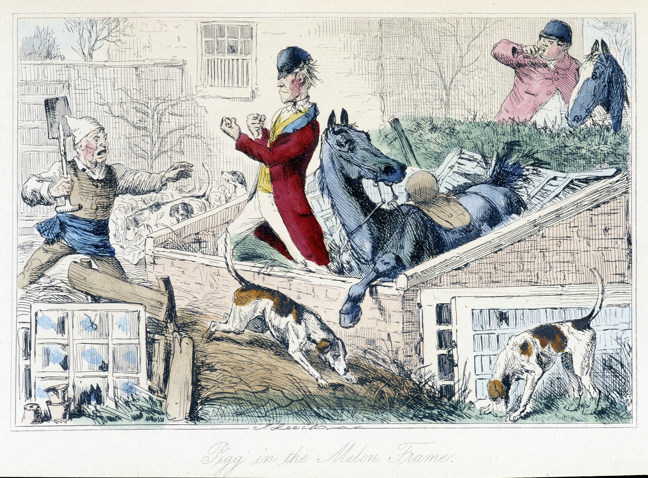 Kamp mellom en bonde og en jeger. Engelsk karikatur på revejakten fra «eventyrene til Thomas Scott eller Hawbuck Grange», illustrasjon av H.K. Browne og W.T. Maud. av Hablot Knight Browne