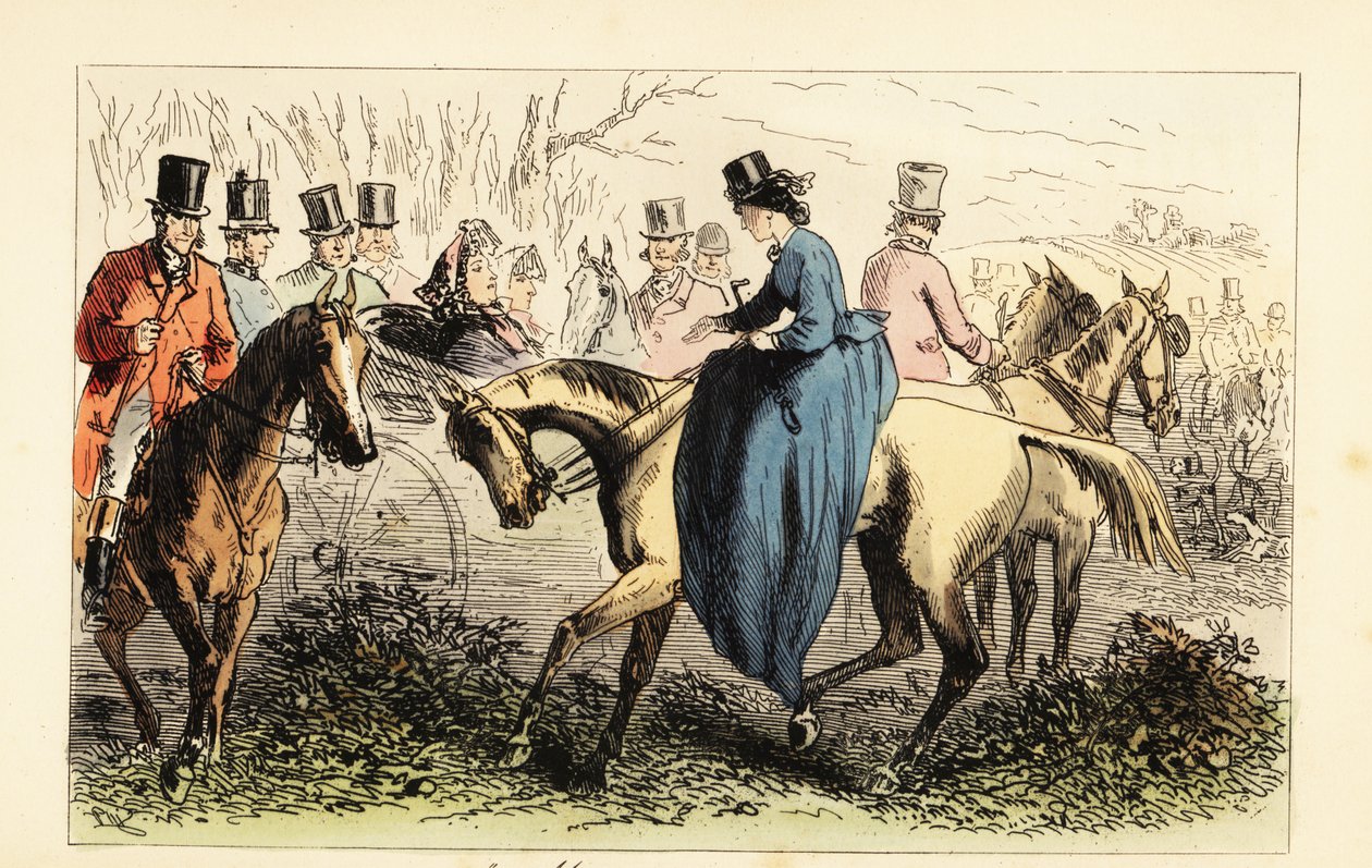 Engelsk aristokrat i en vogn ignorerer et håndtrykk fra en dame av after Hablot Knight Browne