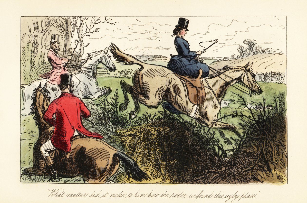 Engelsk huntswoman hopper sidesal over et gjerde av after Hablot Knight Browne