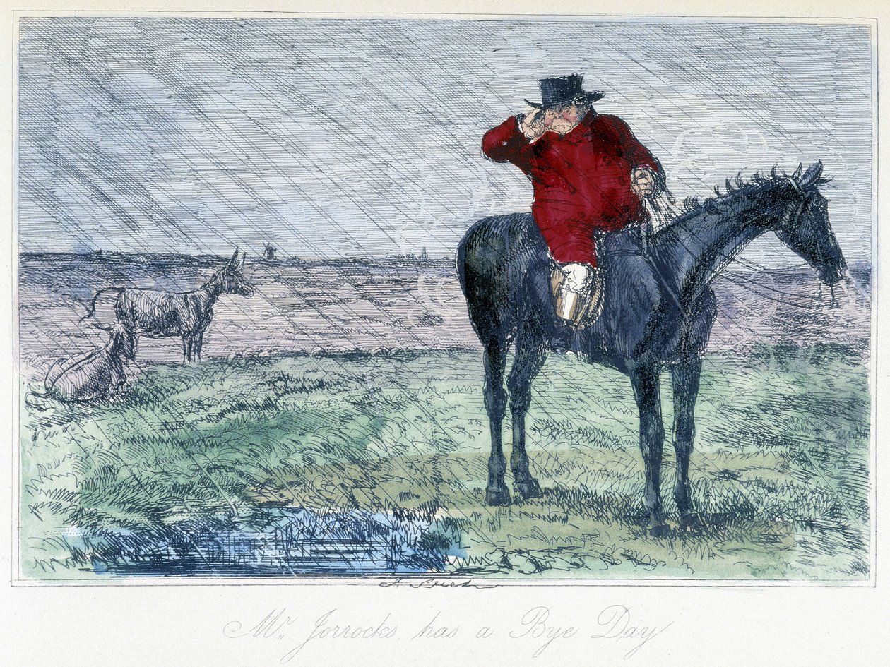 Hestejaktscene på en regnværsdag. Engelsk karikatur om revejakt fra «eventyrene til Thomas Scott eller Hauwbuck Grange», illustrasjon av H.K. Browne og W.T. Maud. av Hablot Knight Browne