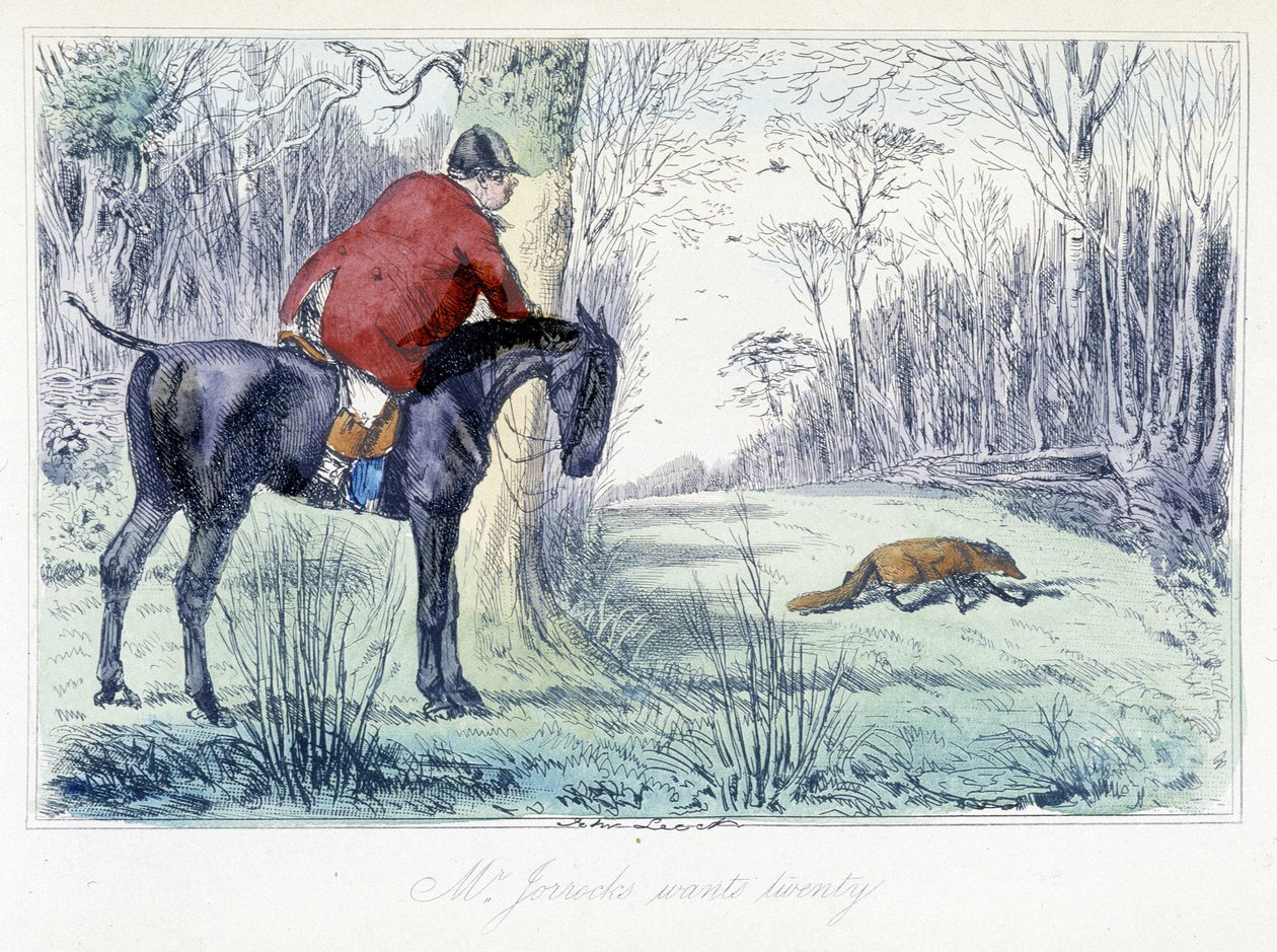 Hestejaktscene. Engelsk tegneserie om revejakt fra "" Adventures of Thomas Scott or Hawbuck Grange"" illustrasjon av H.K. Browne og W.T. Maud. av Hablot Knight Browne