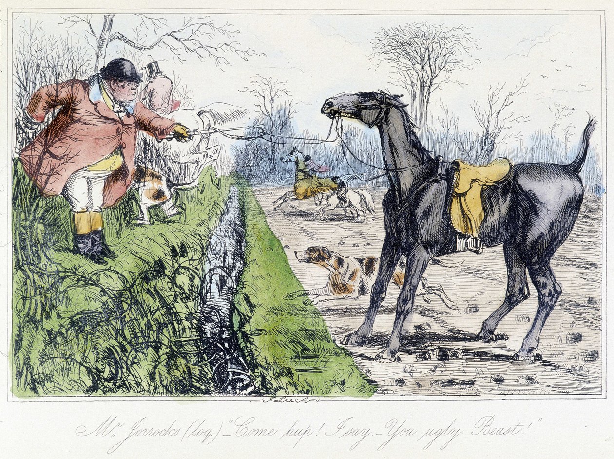 Hestejaktscene. Engelsk tegneserie om revejakt fra ""-eventyrene til Thomas Scott eller Hawbuck Grange", illustrasjon av H.K. Browne og W.T. Maud. av Hablot Knight Browne