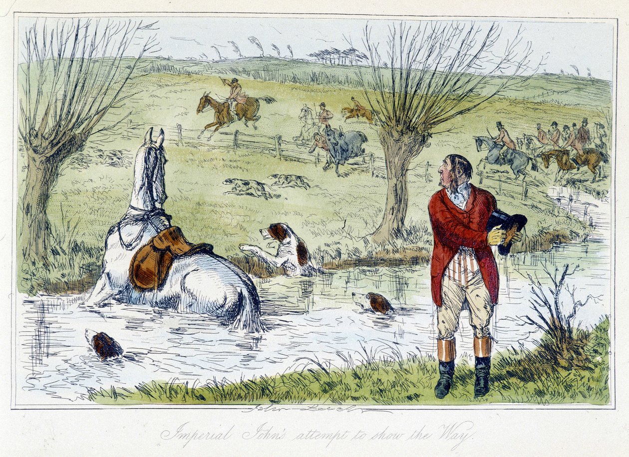 Hunter og hesten hans faller i en vanngård. Engelsk karikatur på revejakten fra «eventyrene til Thomas Scott eller Hawbuck Grange», illustrasjon av H.K. Browne og W.T. Maud. av Hablot Knight Browne