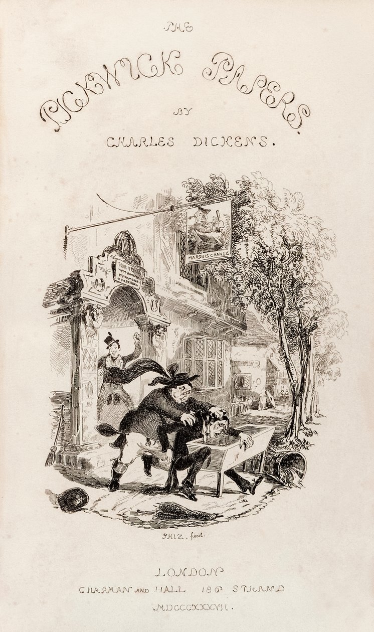 Tittelside fra 'The Posthumous Papers of the Pickwick Club', utgitt i bokform i 1837 av Hablot Knight Browne