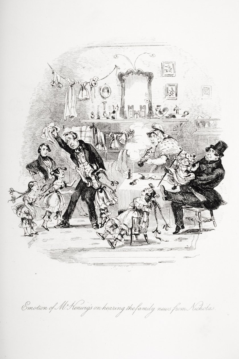 Emotion of Mr. Kenwigs på å høre familienyhetene fra Nicholas, illustrasjon fra `Nicholas Nickleby