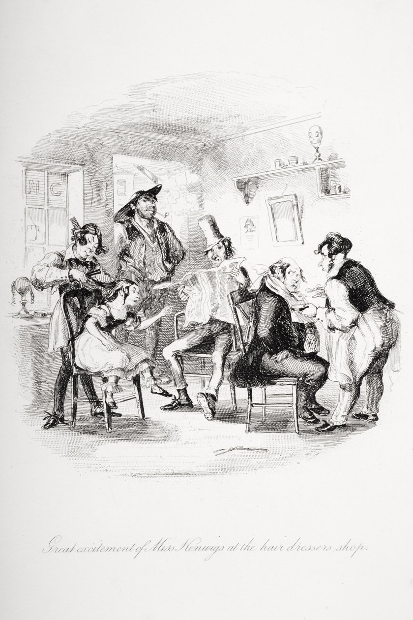 Stor begeistring hos frøken Kenwigs i frisørbutikken, illustrasjon fra `Nicholas Nickleby