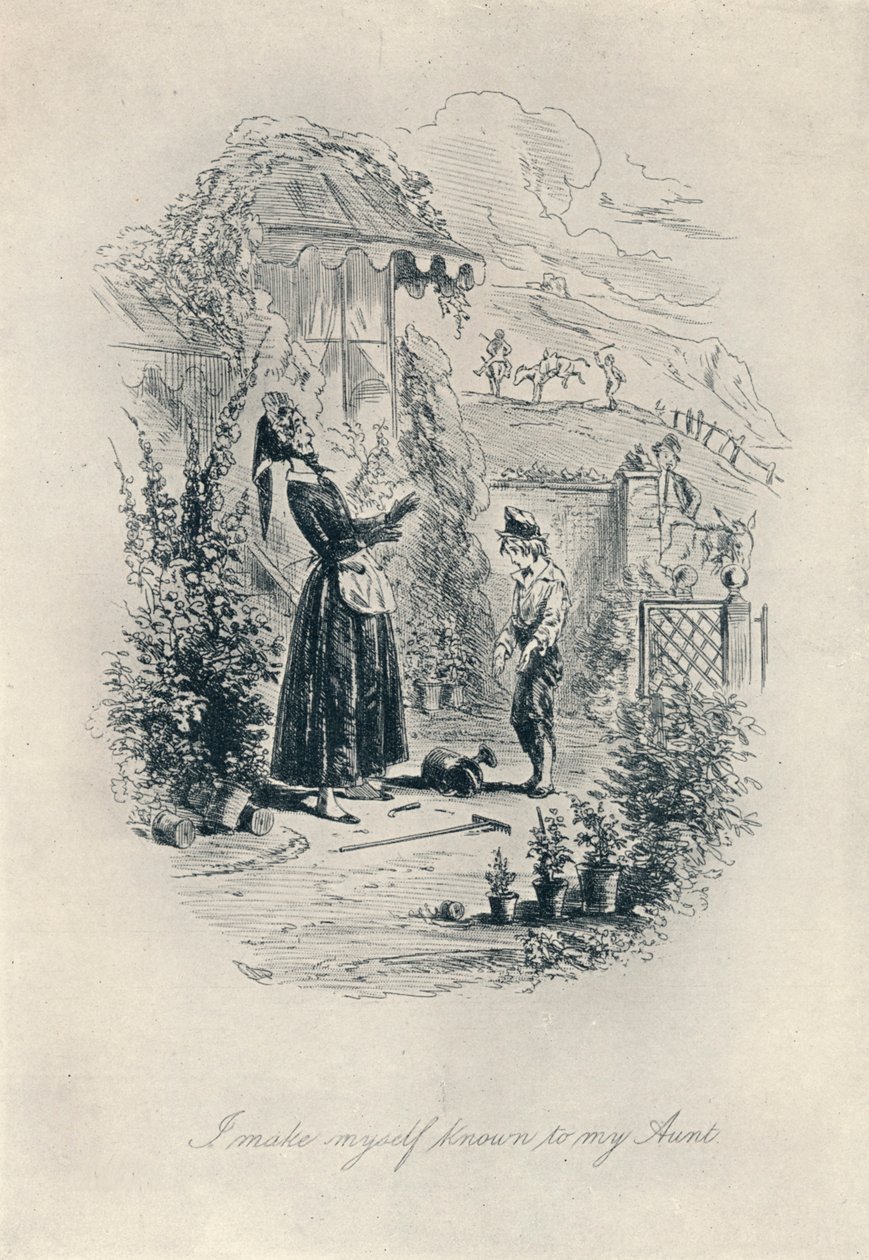 Jeg gjør meg kjent for tanten min. Etsning fra David Copperfield, c1840-1880, 1923 av Hablot Knight Browne