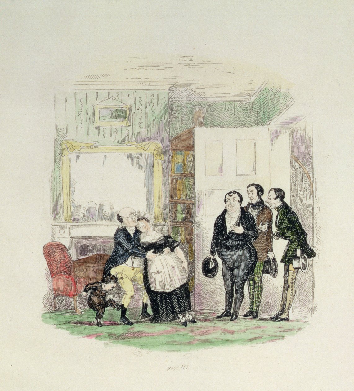 Mr Pickwick blir funnet av vennene sine med fru Bardell i armene, illustrasjon fra 