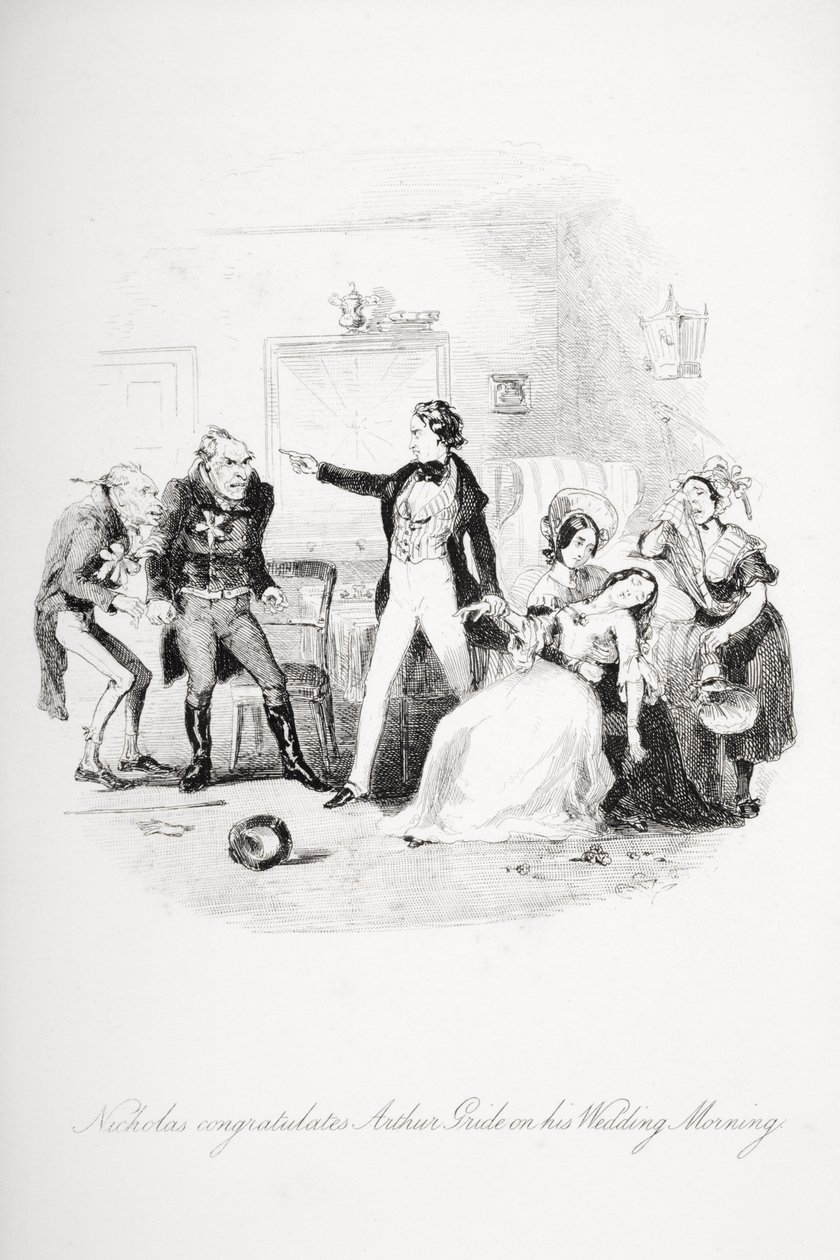 Nicholas gratulerer Arthur Gride med bryllupsmorgenen, illustrasjon fra `Nicholas Nickleby