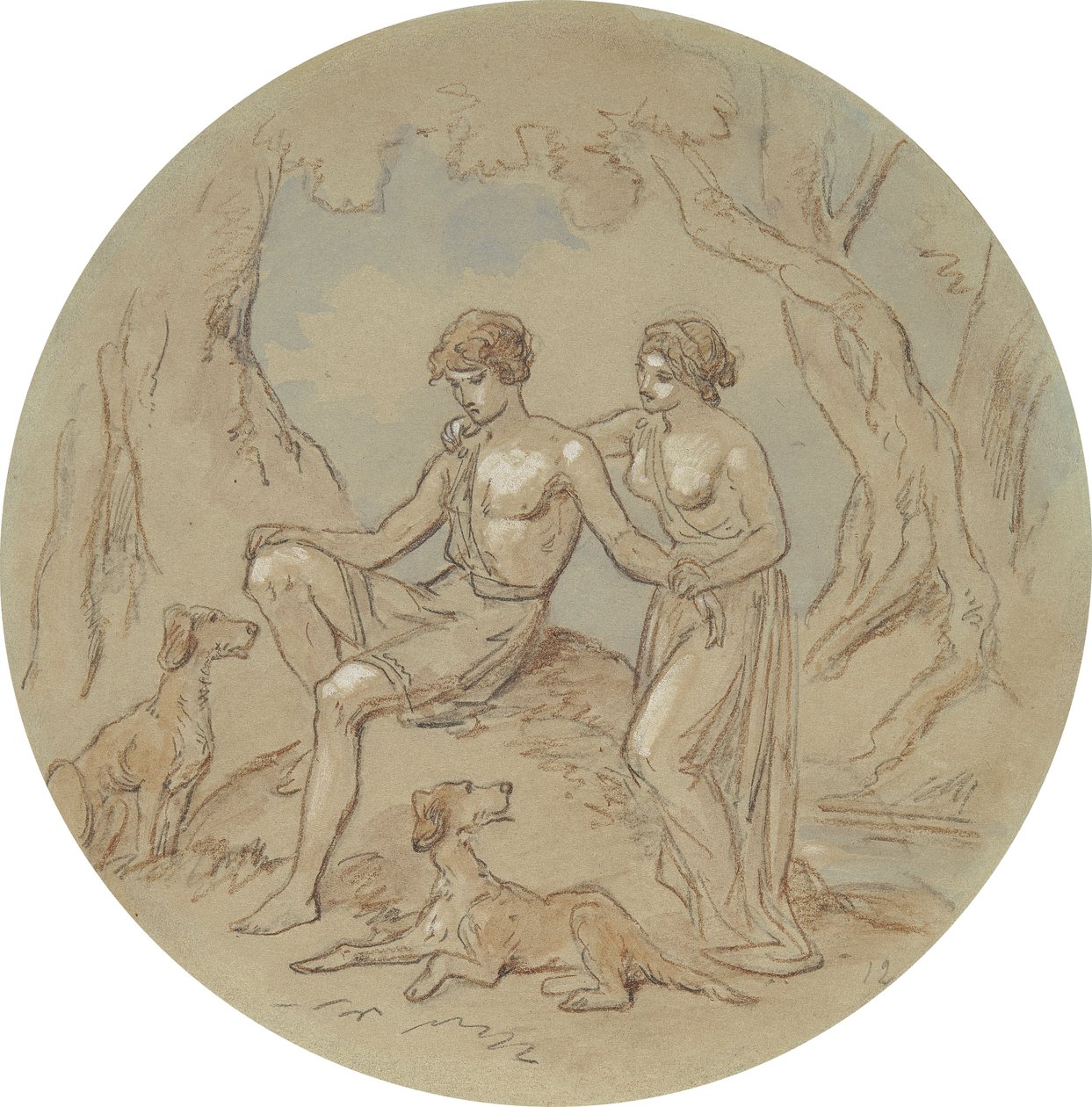 En av atten design for en serie plater som illustrerer Venus og Adonis av Hablot Knight Browne
