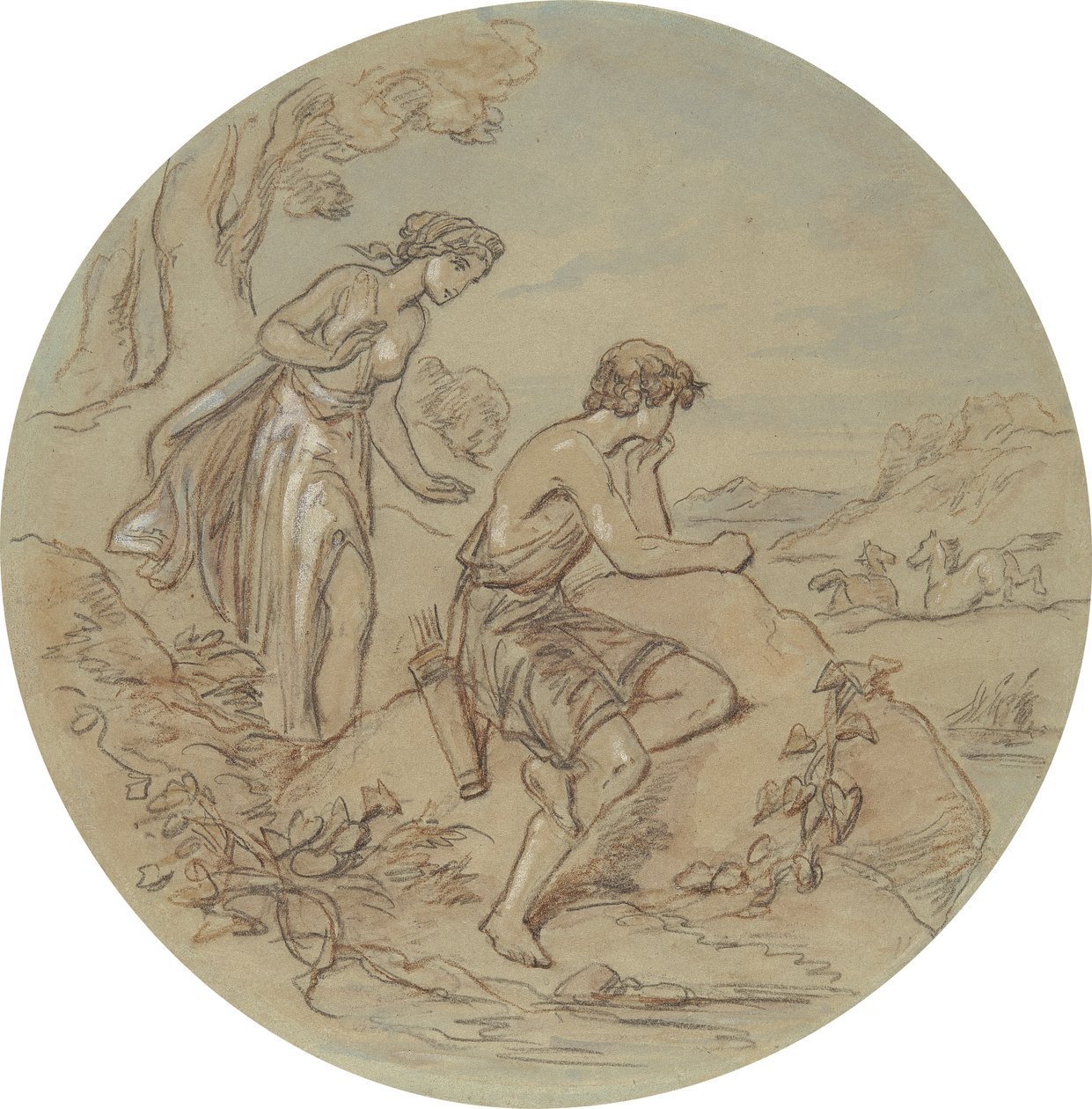 En av atten design for en serie plater som illustrerer Venus og Adonis av Hablot Knight Browne