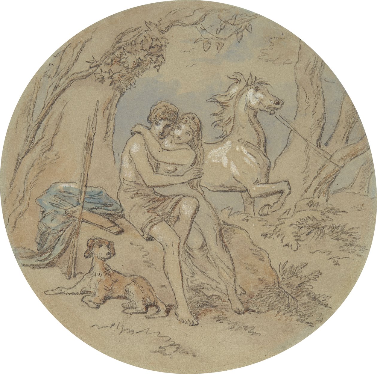 En av atten design for en serie plater som illustrerer Venus og Adonis av Hablot Knight Browne