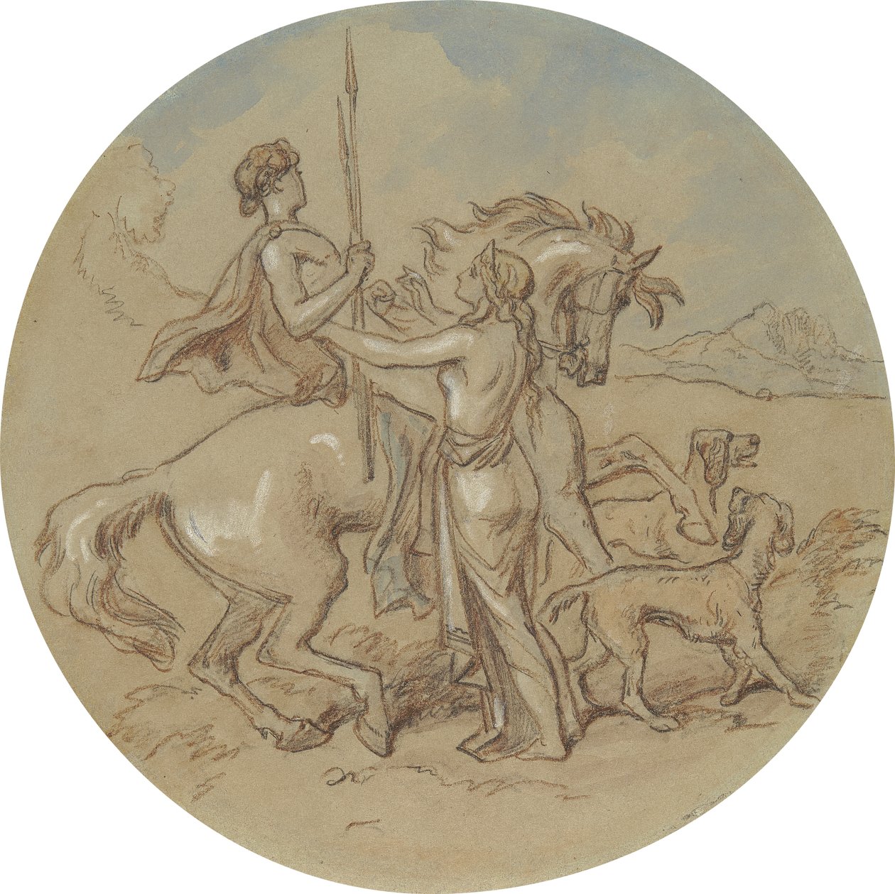 En av atten design for en serie plater som illustrerer Venus og Adonis av Hablot Knight Browne