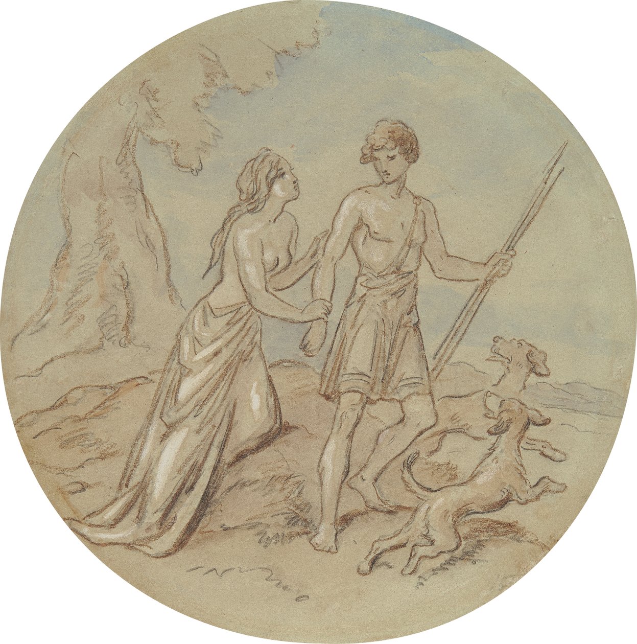 En av atten design for en serie plater som illustrerer Venus og Adonis av Hablot Knight Browne