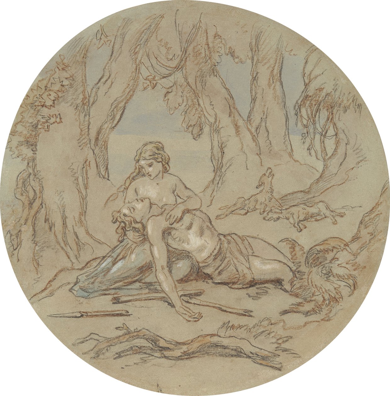 En av atten design for en serie plater som illustrerer Venus og Adonis av Hablot Knight Browne