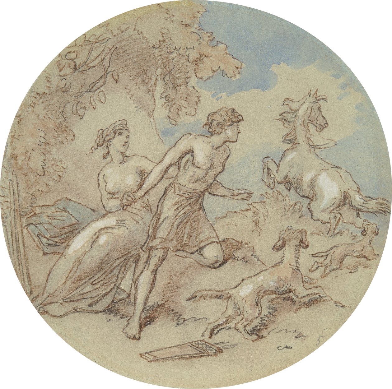 En av atten design for en serie plater som illustrerer Venus og Adonis av Hablot Knight Browne