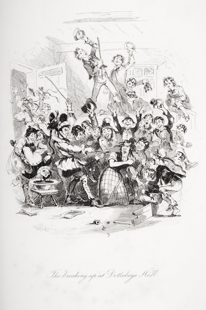 "Oppbruddet" i Dotheboys Hall, illustrasjon fra "Nicholas Nickleby" av Charles Dickens (1812-70) publisert 1839 av Hablot Knight Browne