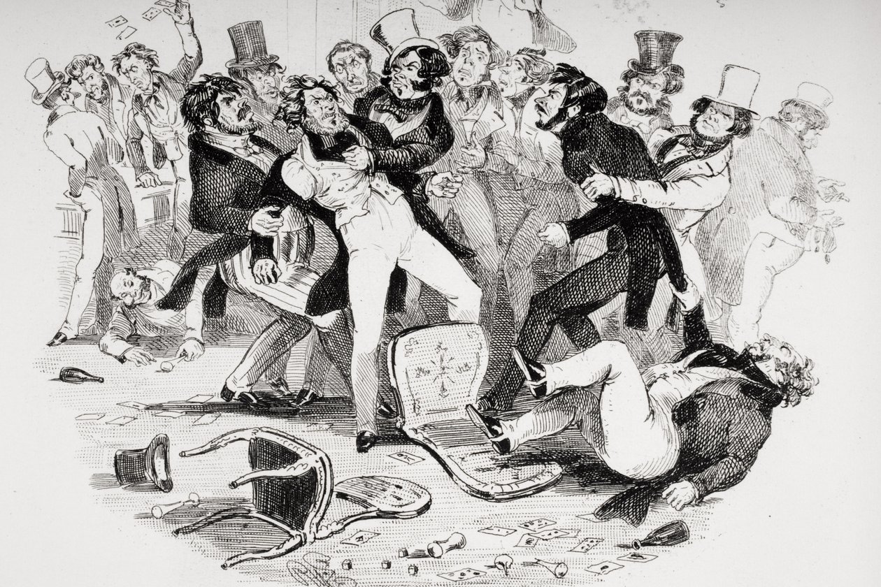 Det siste slagsmålet mellom Sir Mulberry og hans elev, illustrasjon fra `Nicholas Nickleby
