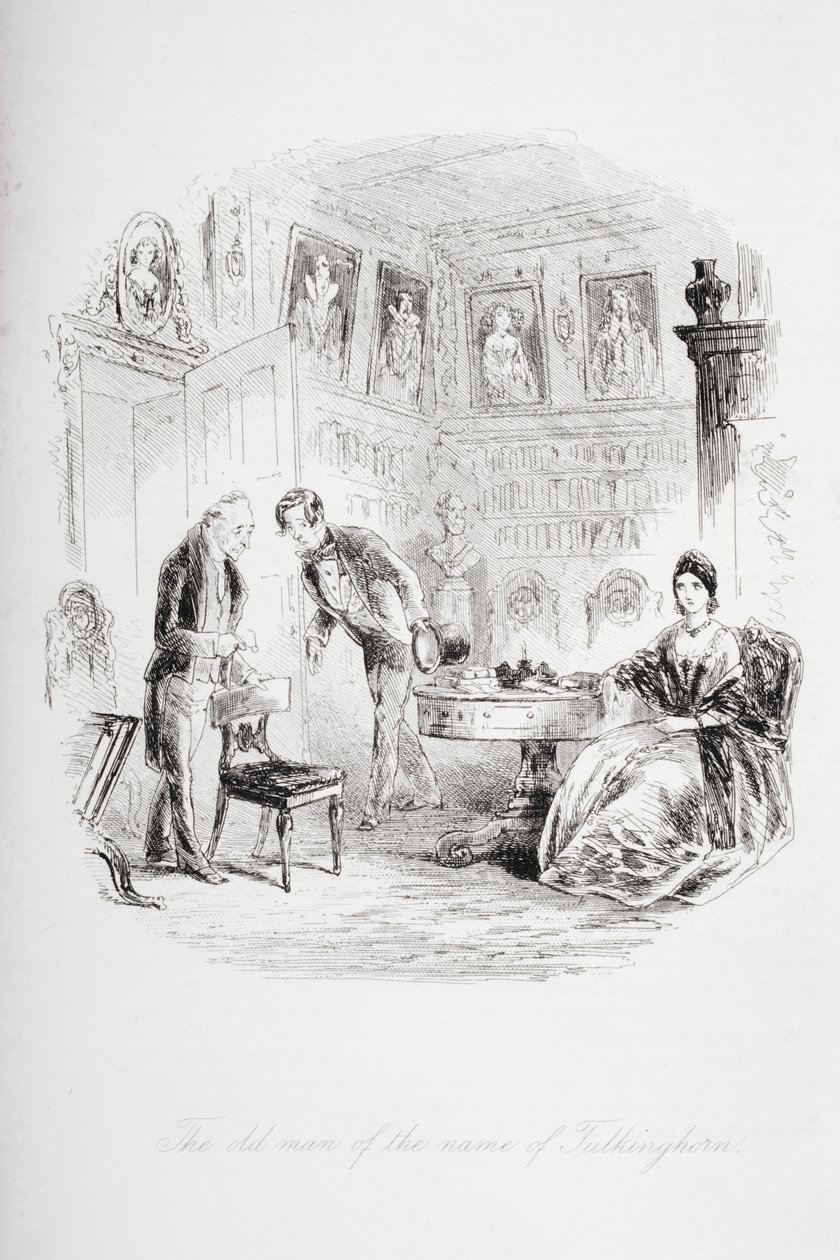 Den gamle mannen med navnet Tulkinghorn, illustrasjon fra 'Bleak House' av Charles Dickens (1812-70) publisert 1853 av Hablot Knight Browne