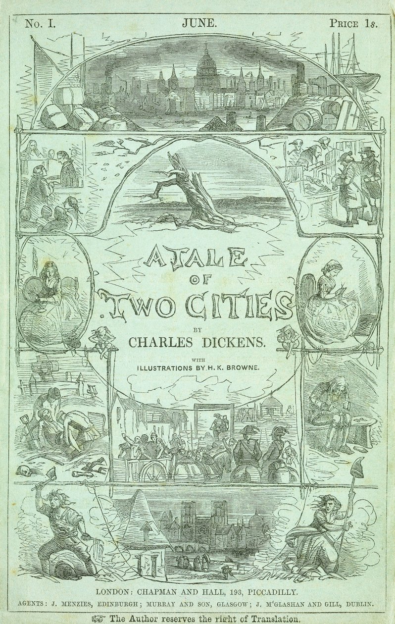 Tittelside fra første del av den første utgaven i serialiserte deler, av boken "A Tale of Two Cities" av Charles Dickens, 1859 av Hablot Knight Browne