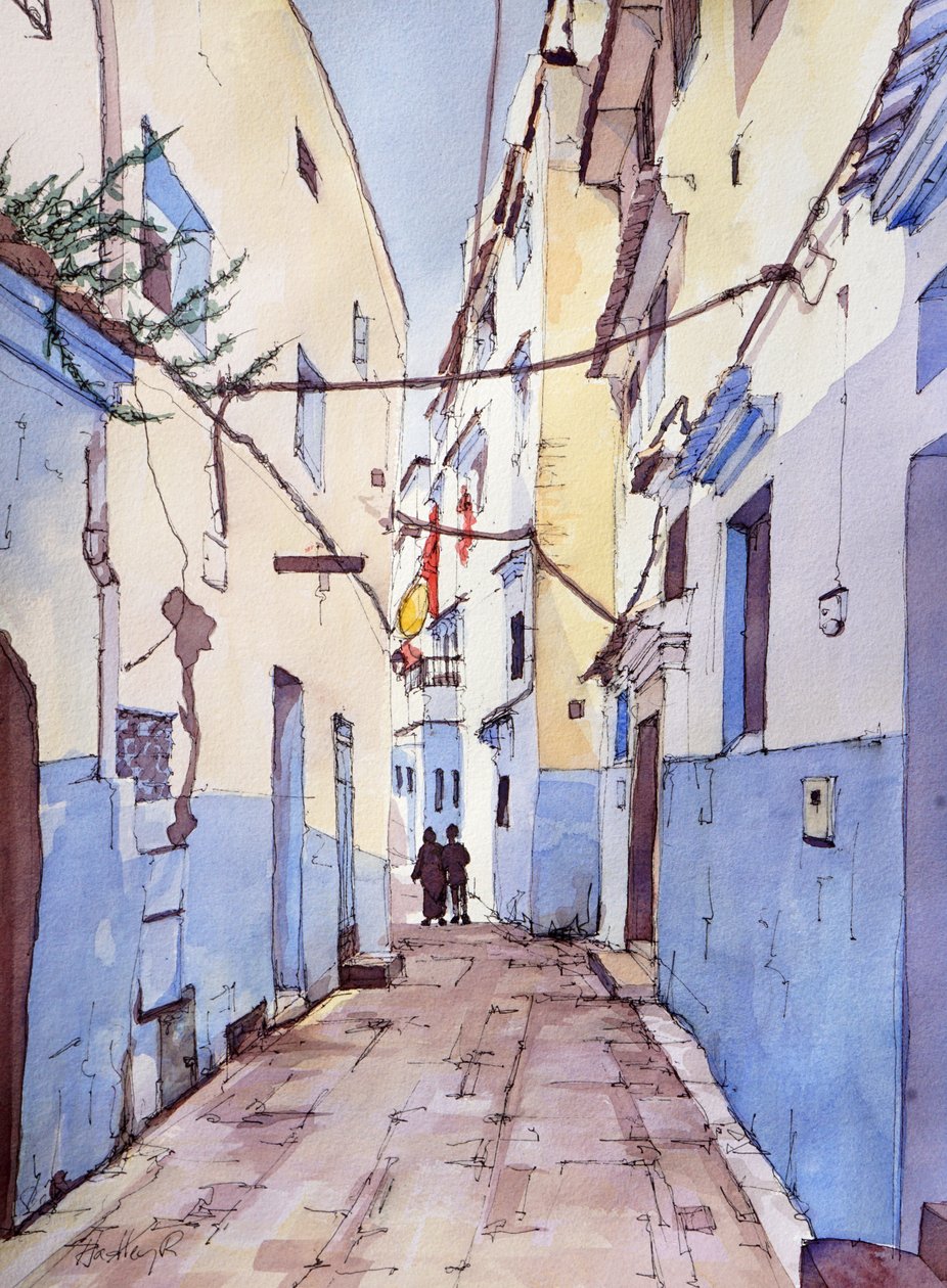 En stille spasertur, Chefchaouen, Marokko, ca. 2024 (akvarell og blekk) av Hadley Rampton