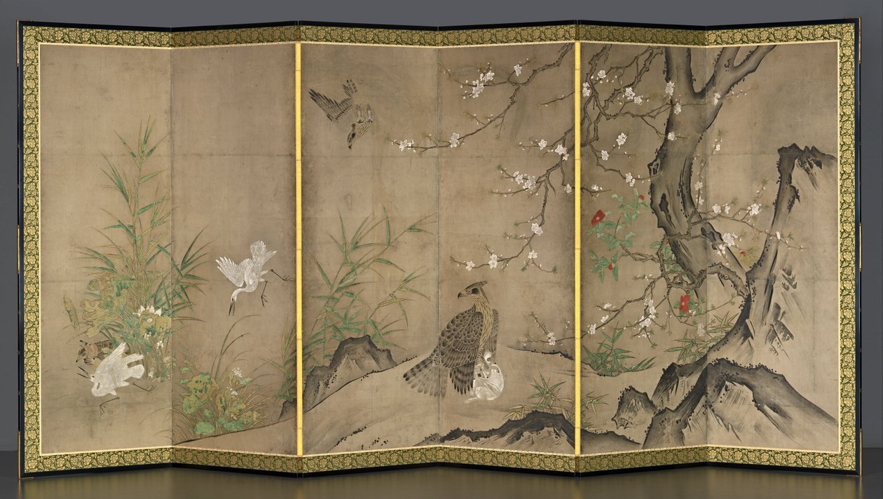 Fugler og blomster i et landskap av Hagetsu Tosatsu