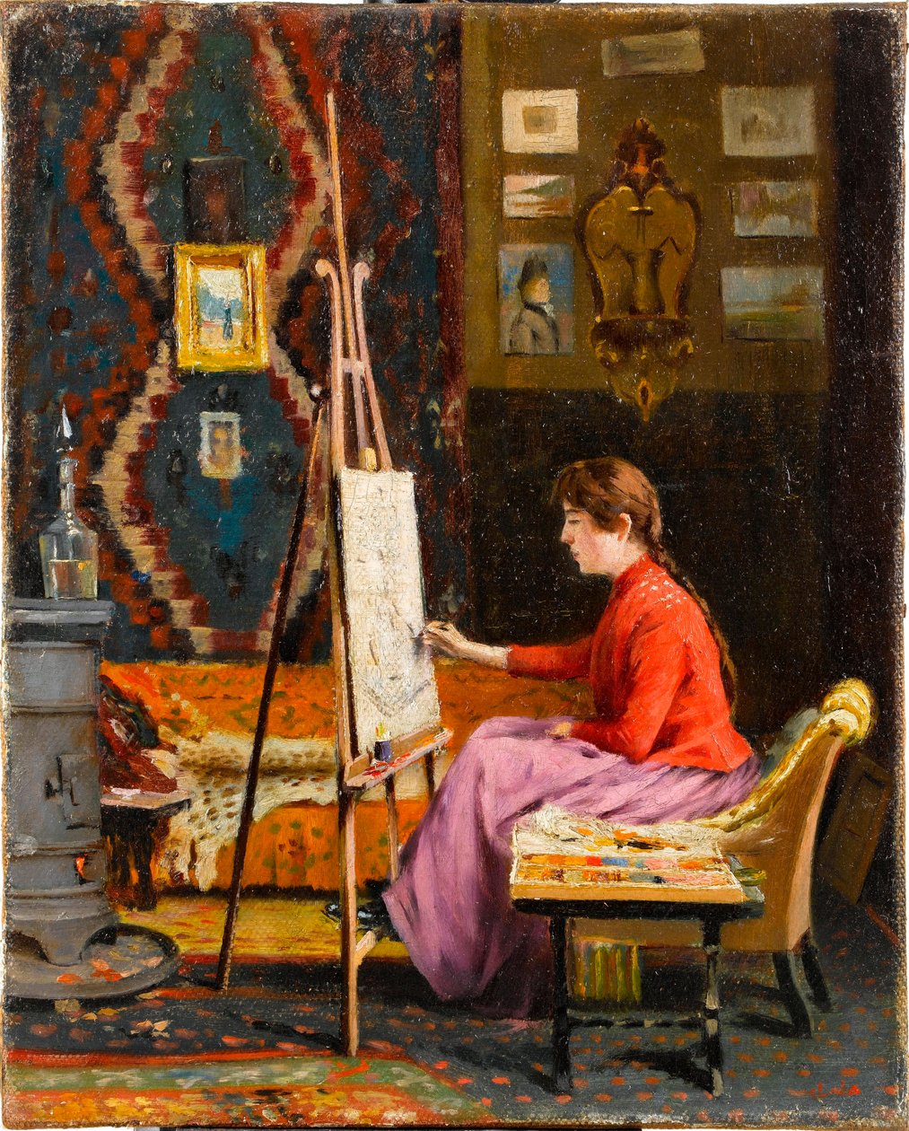 ""Ung jentemaler i atelieret hennes"" (Jentemaler og atelieret hennes) Maleri av Halil Pasha (Pasa, Pacha)(1857-1939) 1939 Olje på lerret Dim 41x33 cm Sakip Sabanci-museet, Istanbul av Halil Pasha