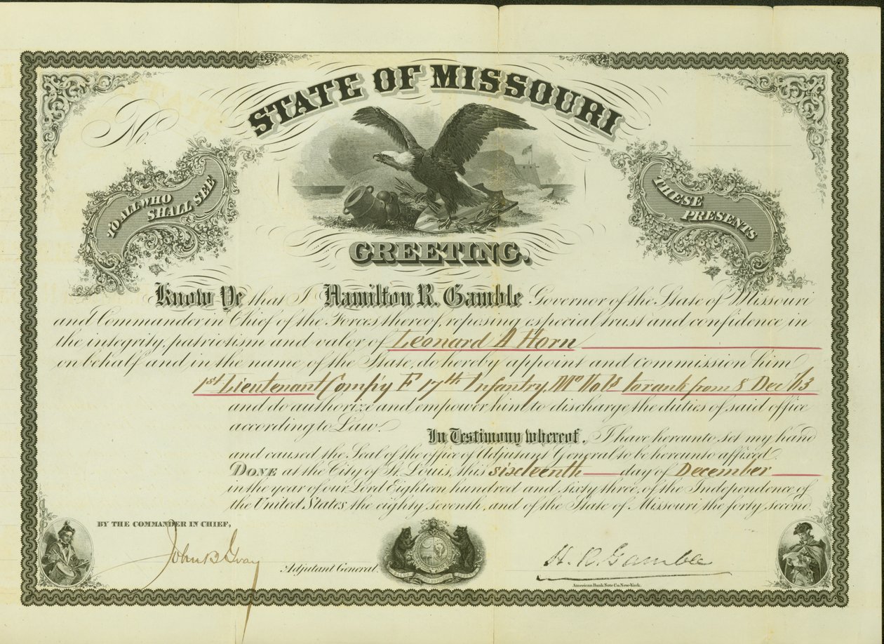 Utnevner Horn 1. løytnant, kompani F, 17. Missouri infanteri, til rang fra 8. desember 1863 av Hamilton Rowan Gamble