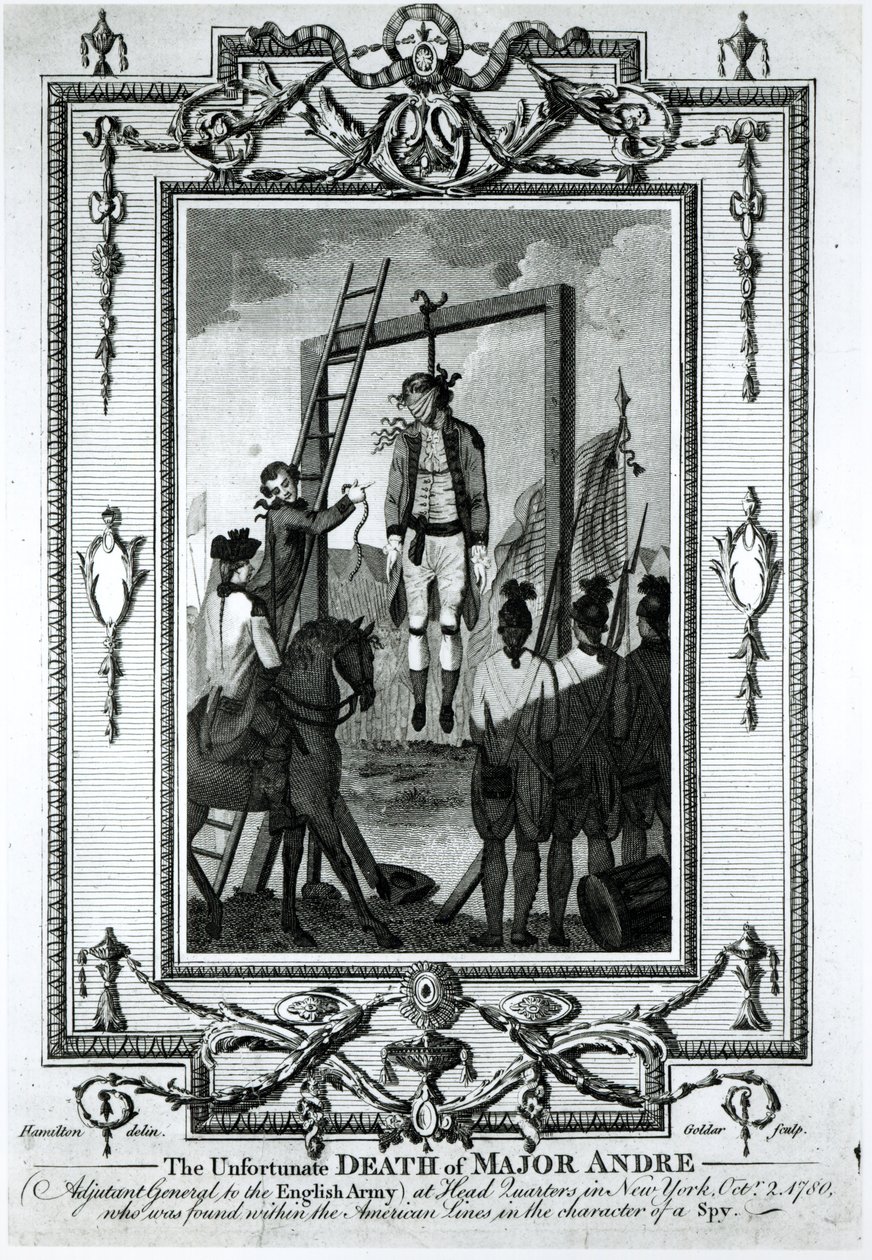 Den uheldige døden til major Andre, generaladjutant til den engelske hæren, ved hovedkvarteret i New York, 2. oktober 1780, gravert av John Goldar (1729-1795) av Hamilton