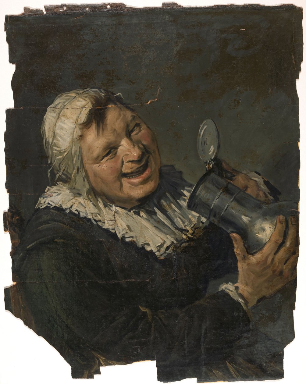 Malle Babe. En smilende gammel kvinne hever en mugge til munnen. Malet i stil med Frans Hals av Han van Meegeren
