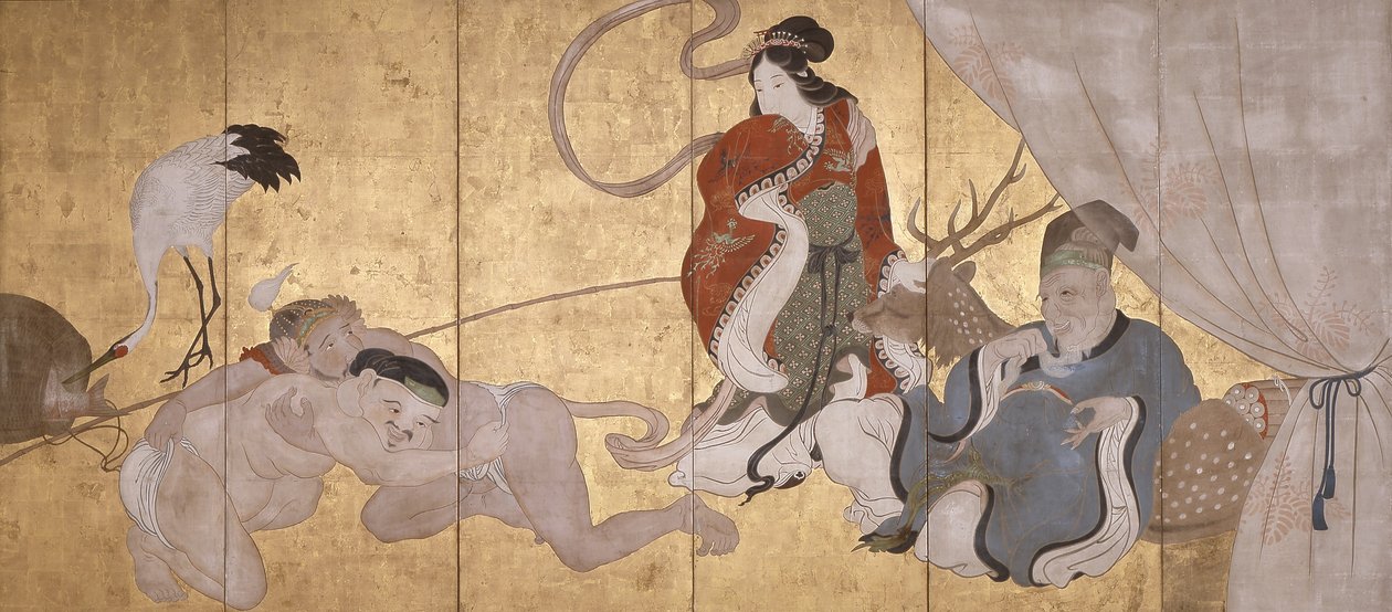 Seven Gods Of Good Fortune (blekk, farge og bladgull på papir, seksdelt skjerm) av Hanabusa Itcho