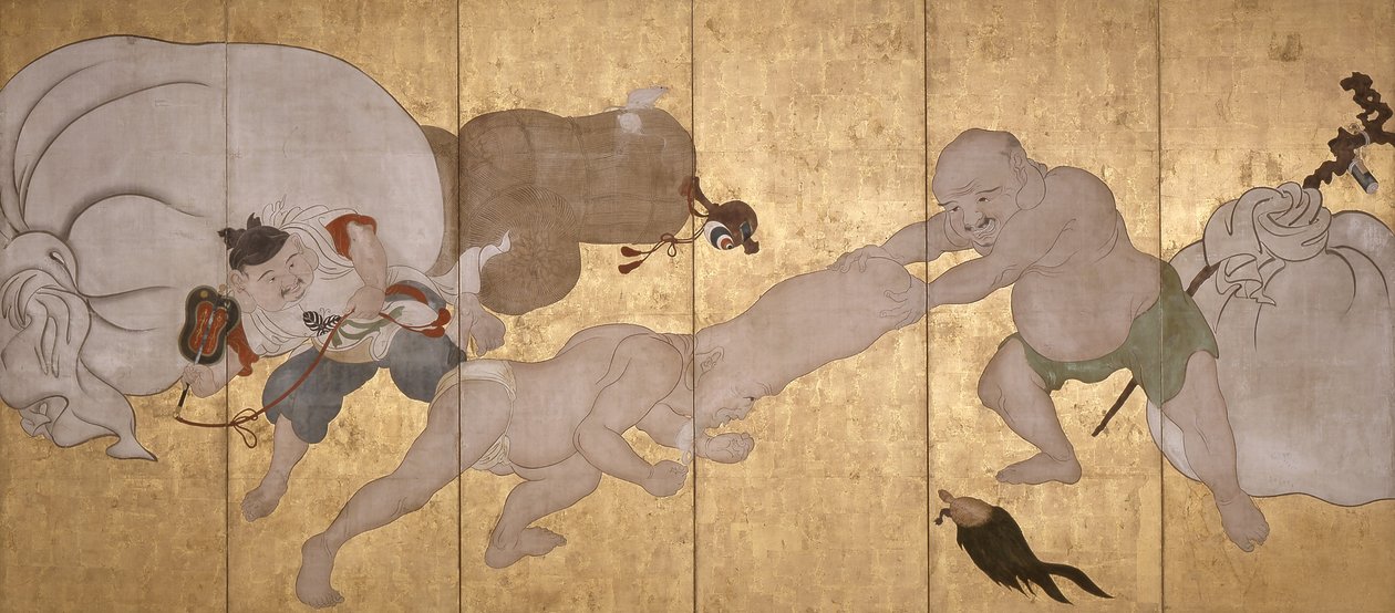 Seven Gods Of Good Fortune (blekk, farge og bladgull på papir, seksdelt skjerm) av Hanabusa Itcho