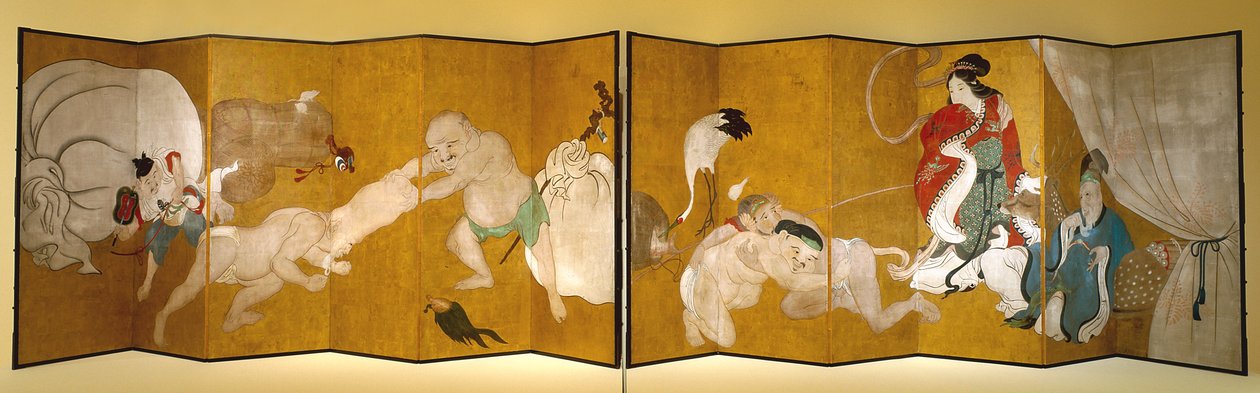 Seven Gods Of Good Fortune (blekk, farge og bladgull på papir, seksdelt skjerm) av Hanabusa Itcho