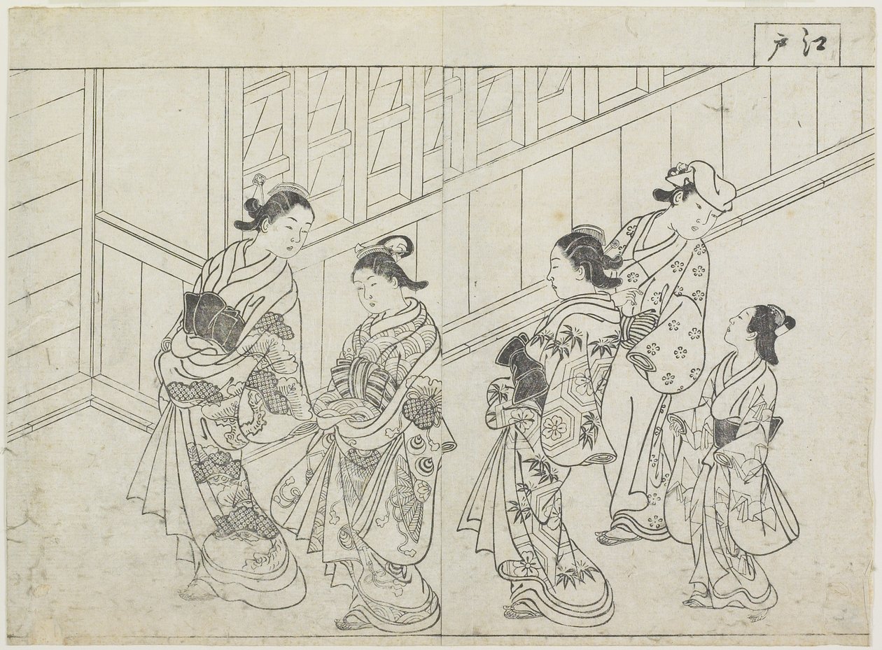Fem prostituerte foran et hus, tidlig på 1770-tallet (treblokktrykk) av Hanabusa Shigenobu