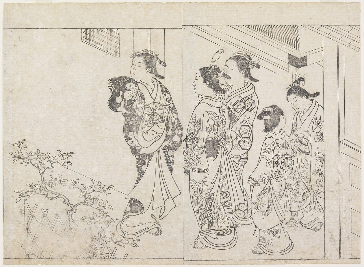 Fem prostituerte i en gårdsplass, tidlig på 1770-tallet (treblokktrykk) av Hanabusa Shigenobu
