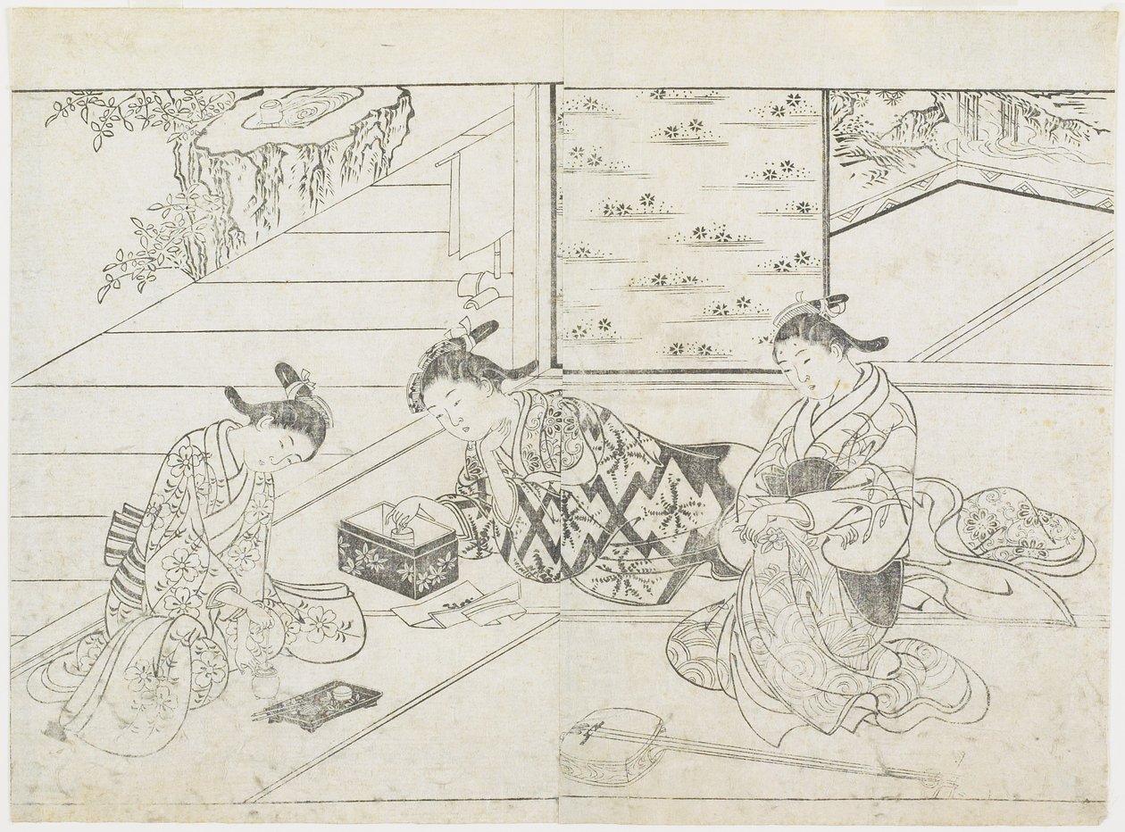 Tre prostituerte i et rom, tidlig på 1770-tallet (treblokktrykk) av Hanabusa Shigenobu