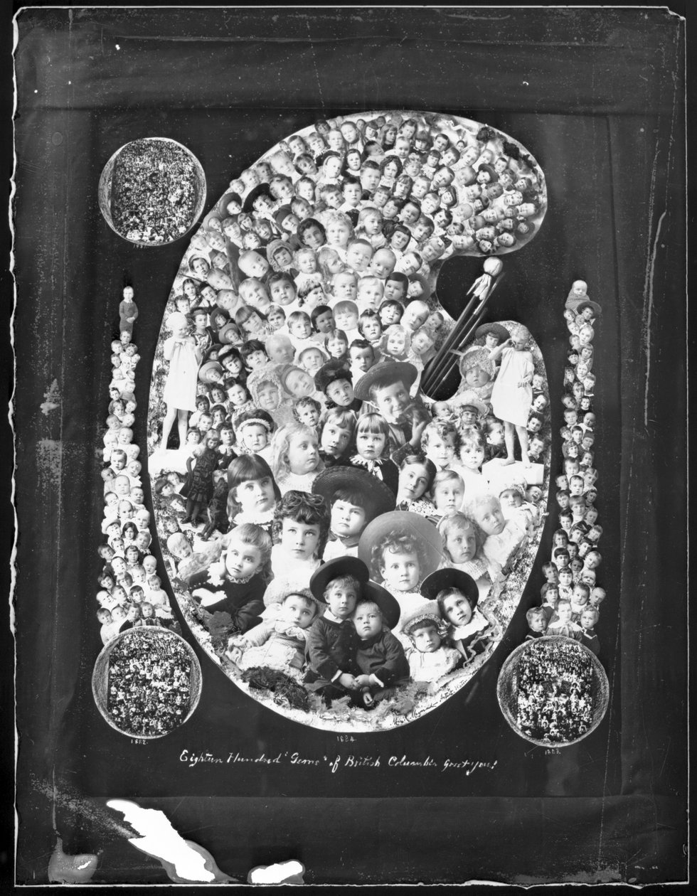 1884; Atten hundre edelstener fra British Columbia hilser deg!; sammensatt bilde laget av barneportretter tatt året før, 1885 (bw-bilde) av Hannah Maynard