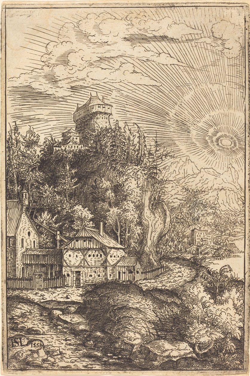 Landskap med et slott og strålende sol av Hanns Lautensack